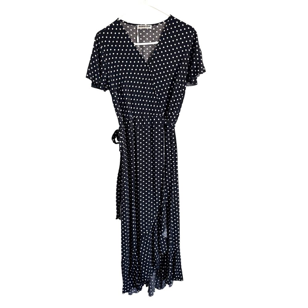 Ecowish Black Polka Dot Maxi Wrap Dress Ruffled XL Retro Vintage Inspired